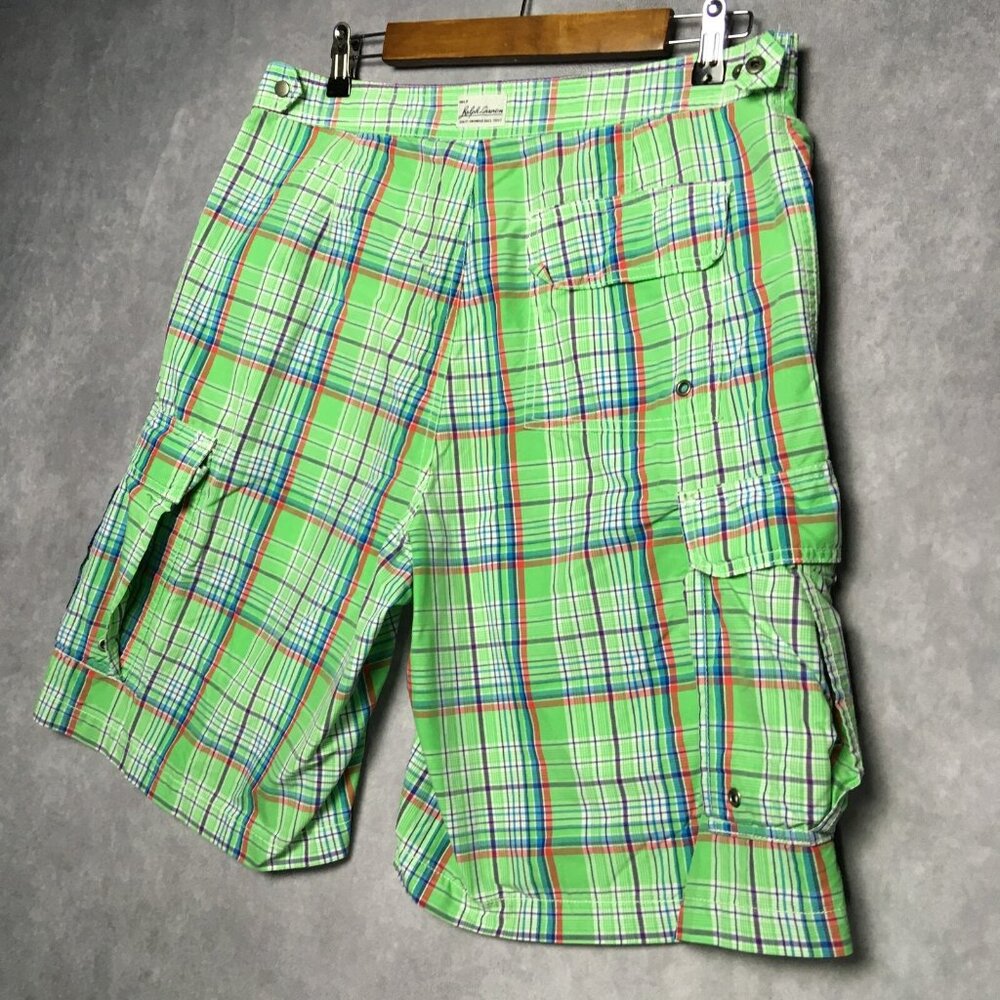 Polo RL Mens Plaid Swim Cargo Shorts size 34 Green Drawstring Cotton Nylon - Picture 6 of 16